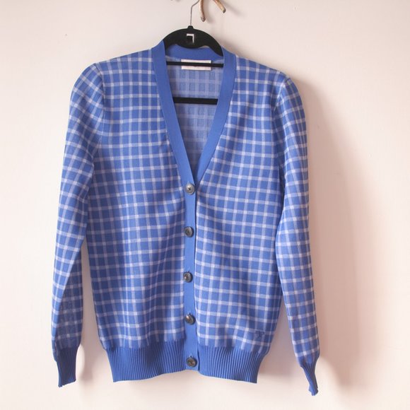 Tory Burch Women's Sheer Picnic Plaid Boyfriend Button Up Plunge Neck Cardigan S